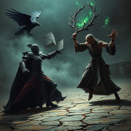 A thrilling and unsettling scene depicting a fierce battle between a vampire gladiator and a human monk gladiator, each wielding elemental powers