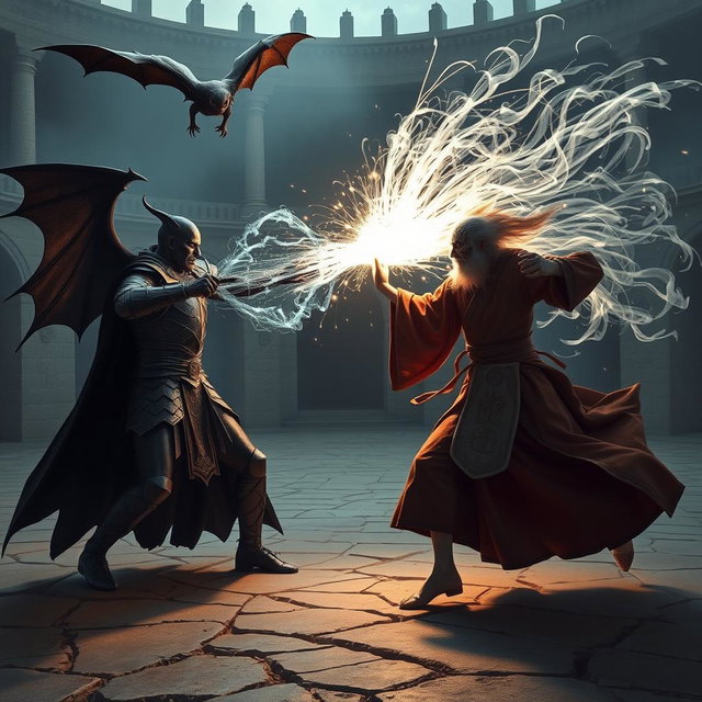 A gripping and unsettling scene of a fierce battle between a vampire gladiator and a human monk gladiator, each unleashing their elemental powers while accompanied by mystical creatures