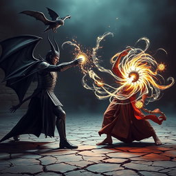 A gripping and unsettling scene of a fierce battle between a vampire gladiator and a human monk gladiator, each unleashing their elemental powers while accompanied by mystical creatures