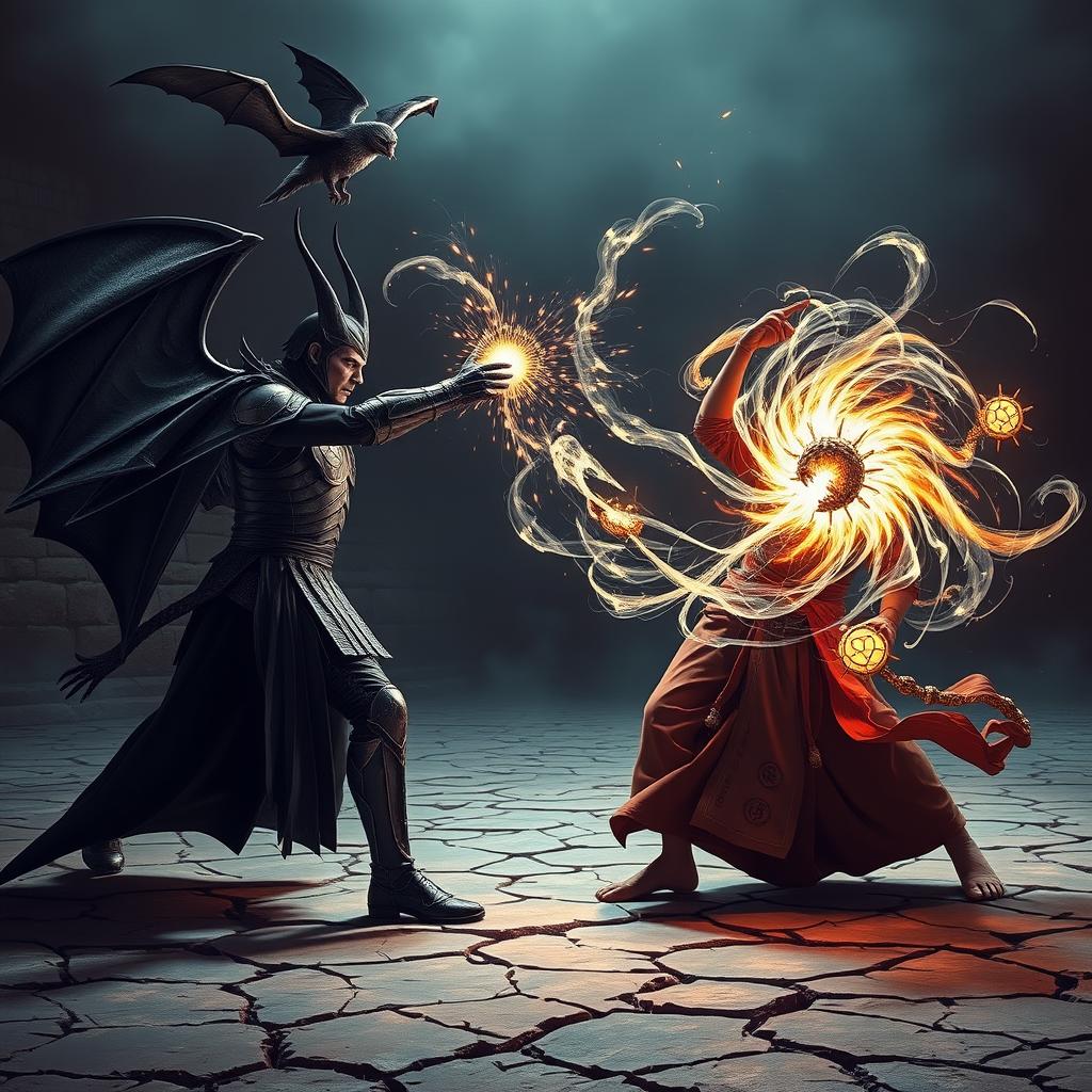 A gripping and unsettling scene of a fierce battle between a vampire gladiator and a human monk gladiator, each unleashing their elemental powers while accompanied by mystical creatures