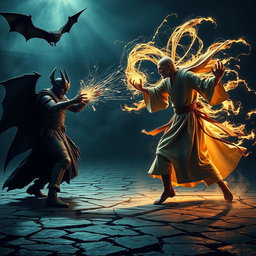 A gripping and unsettling scene of a fierce battle between a vampire gladiator and a human monk gladiator, each unleashing their elemental powers while accompanied by mystical creatures