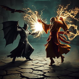 A gripping and unsettling scene of a fierce battle between a vampire gladiator and a human monk gladiator, each unleashing their elemental powers while accompanied by mystical creatures