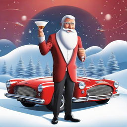 James Bond styled Santa Claus in a sleek Christmas-themed suit, holding a martini glass filled with milk, with a gadget-filled sleigh that looks like Bond's iconic Aston Martin in the snow-laden background.