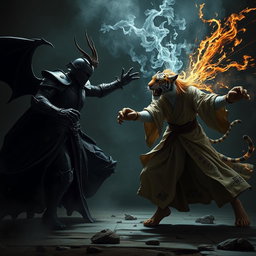 A tense and unsettling scene of a fierce battle between a vampire gladiator and a human monk gladiator, each harnessing elemental powers