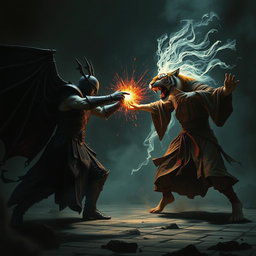 A tense and unsettling scene of a fierce battle between a vampire gladiator and a human monk gladiator, each harnessing elemental powers