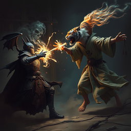 A tense and unsettling scene of a fierce battle between a vampire gladiator and a human monk gladiator, each harnessing elemental powers