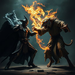 A tense and unsettling scene of a fierce battle between a vampire gladiator and a human monk gladiator, each harnessing elemental powers