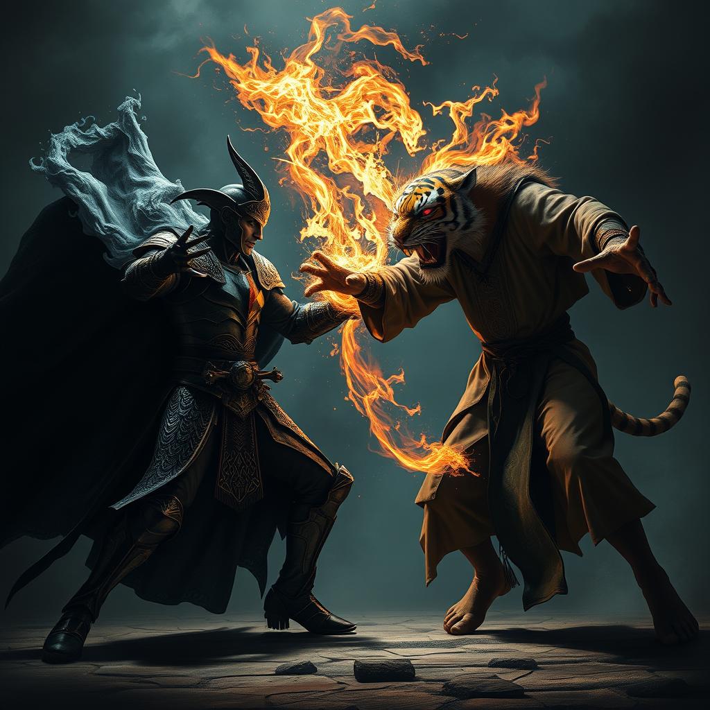 A tense and unsettling scene of a fierce battle between a vampire gladiator and a human monk gladiator, each harnessing elemental powers
