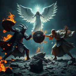 An intense and unsettling scene capturing the fierce battle between a vampire gladiator and a human monk gladiator, each wielding their unique elemental powers
