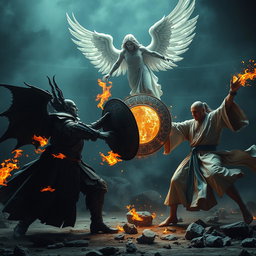 An intense and unsettling scene capturing the fierce battle between a vampire gladiator and a human monk gladiator, each wielding their unique elemental powers