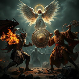 An intense and unsettling scene capturing the fierce battle between a vampire gladiator and a human monk gladiator, each wielding their unique elemental powers