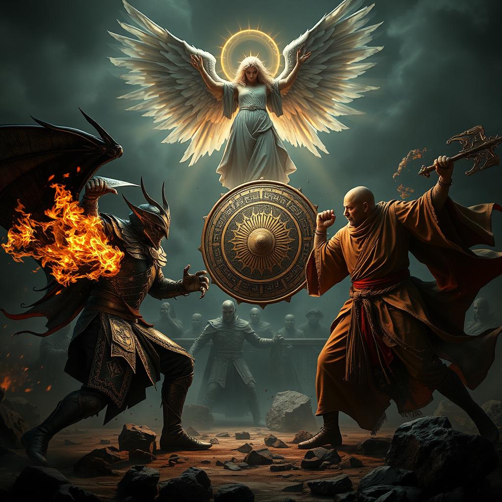 An intense and unsettling scene capturing the fierce battle between a vampire gladiator and a human monk gladiator, each wielding their unique elemental powers