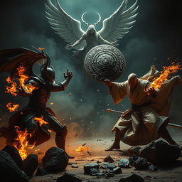 An intense and unsettling scene capturing the fierce battle between a vampire gladiator and a human monk gladiator, each wielding their unique elemental powers
