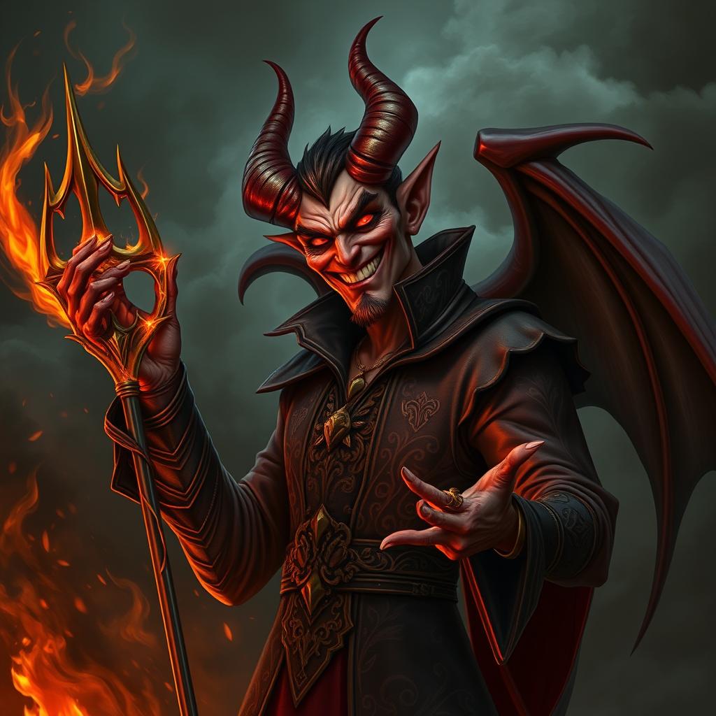 A surreal and captivating illustration of El Diabo, often depicted as a striking figure with prominent horns, a mischievous smile, and burning red eyes