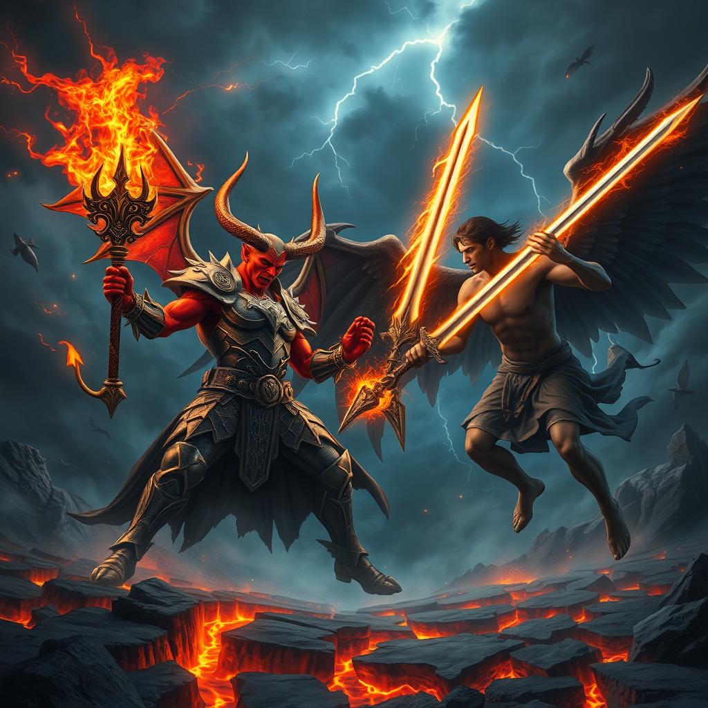 An epic confrontation between El Diablo and Lucifer in a dramatic and intense fantasy setting
