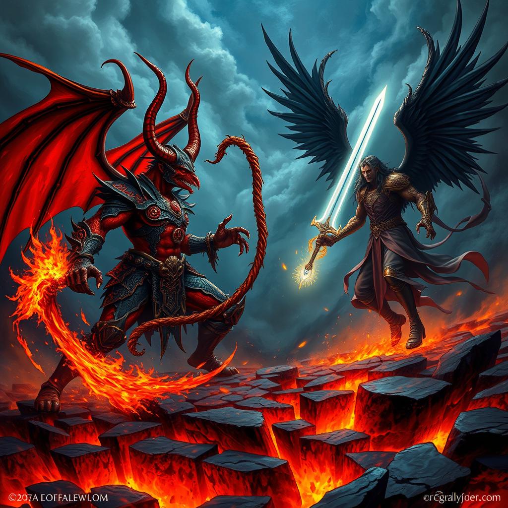 An epic clash between El Diablo and Lucifer, depicted as fallen angels in a dramatic and dark fantasy landscape