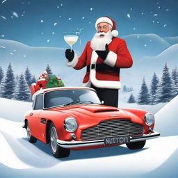 James Bond styled Santa Claus in a sleek Christmas-themed suit, holding a martini glass filled with milk, with a gadget-filled sleigh that looks like Bond's iconic Aston Martin in the snow-laden background.