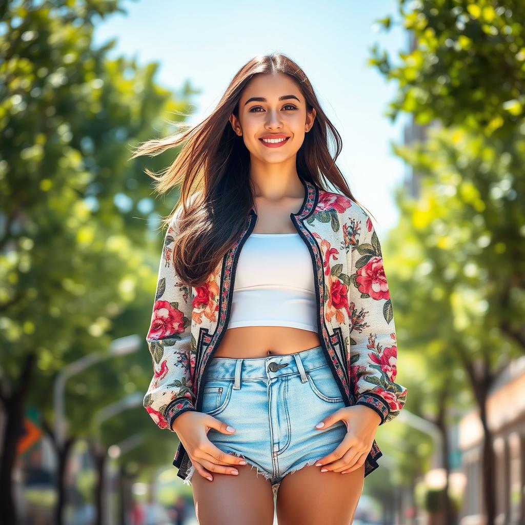 A young woman wearing an open jacket adorned with intricate floral patterns, styled casually with a white crop top underneath, paired with high-waisted denim shorts
