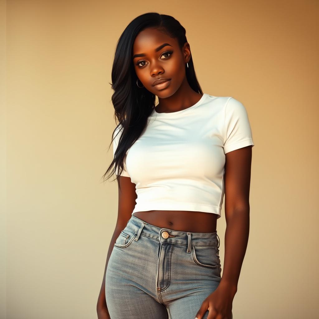 A young black woman, short in stature, with black hair and brown eyes