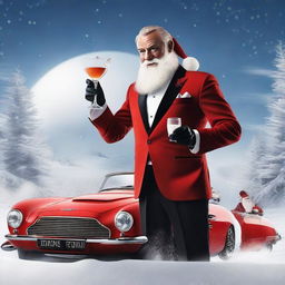 James Bond styled Santa Claus in a sleek Christmas-themed suit, holding a martini glass filled with milk, with a gadget-filled sleigh that looks like Bond's iconic Aston Martin in the snow-laden background.