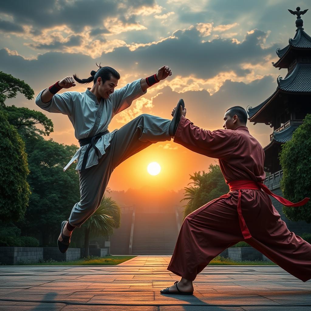 A dynamic scene of two skilled martial artists engaged in a kung fu battle