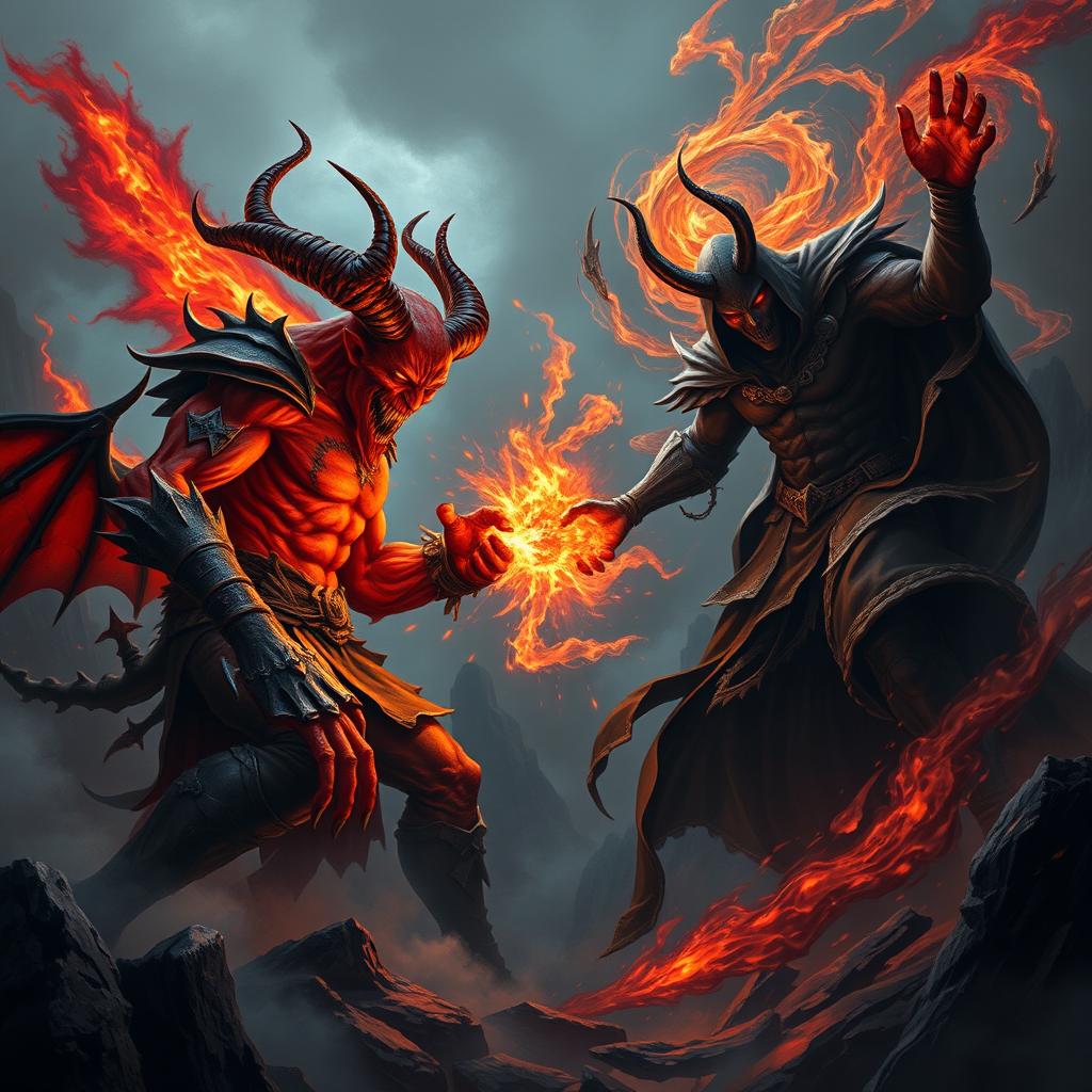 A grand and dramatic scene depicting a battle between two formidable figures representing El Diablo and Satan