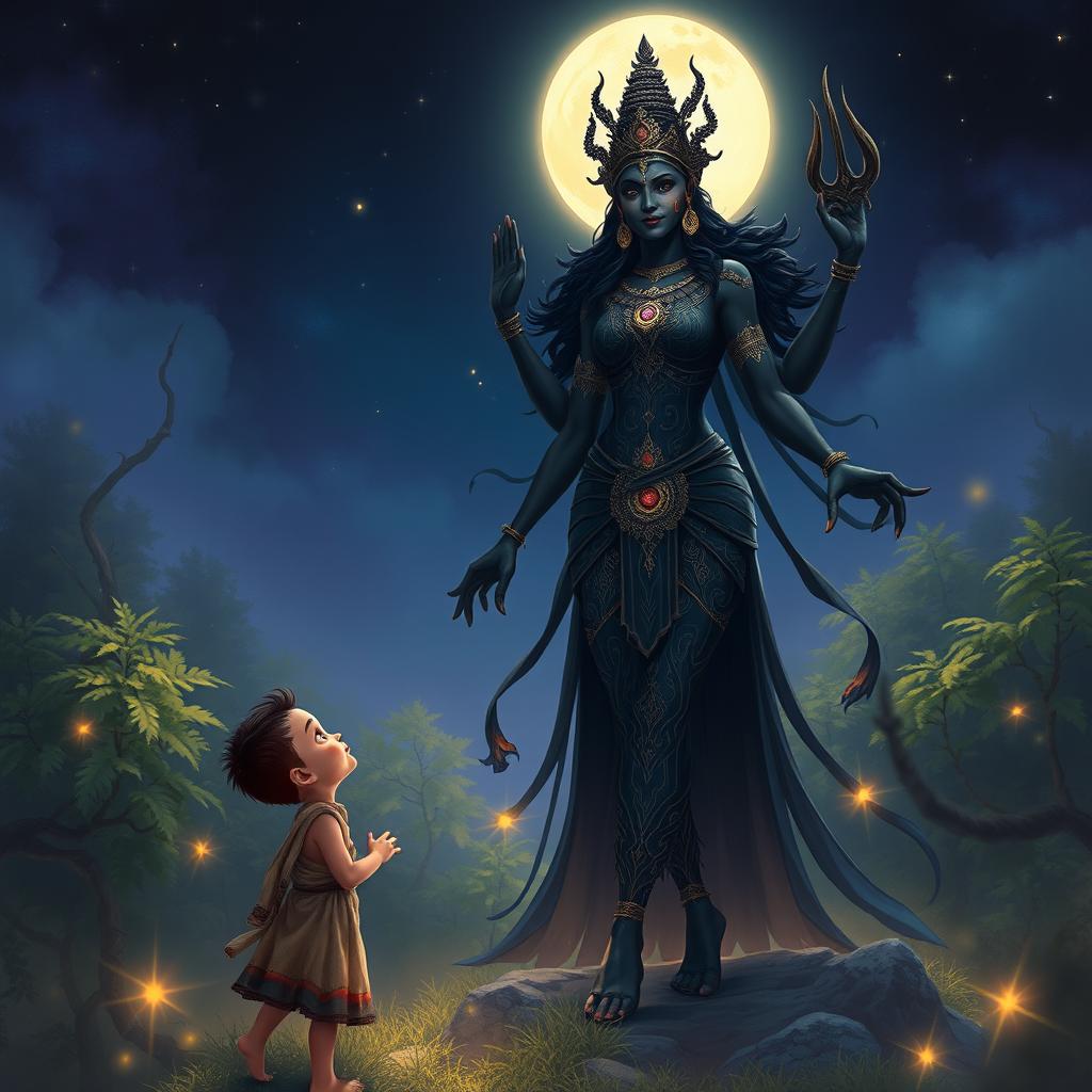 A mystical depiction of Kali Ratri, the goddess of night and darkness, portrayed as a strong, powerful figure with an intricate design of her dark attire adorned with glowing cosmic patterns