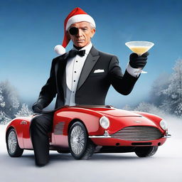 James Bond styled Santa Claus in a sleek Christmas-themed suit, holding a martini glass filled with milk, with a gadget-filled sleigh that looks like Bond's iconic Aston Martin in the snow-laden background.