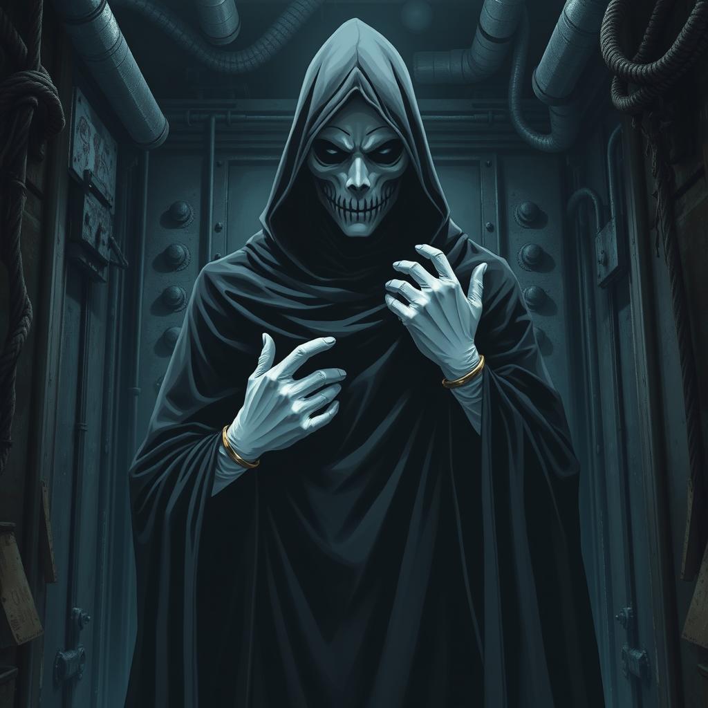 A horror light novel cover featuring a tall, ominous figure clad in a flowing black hooded cloak