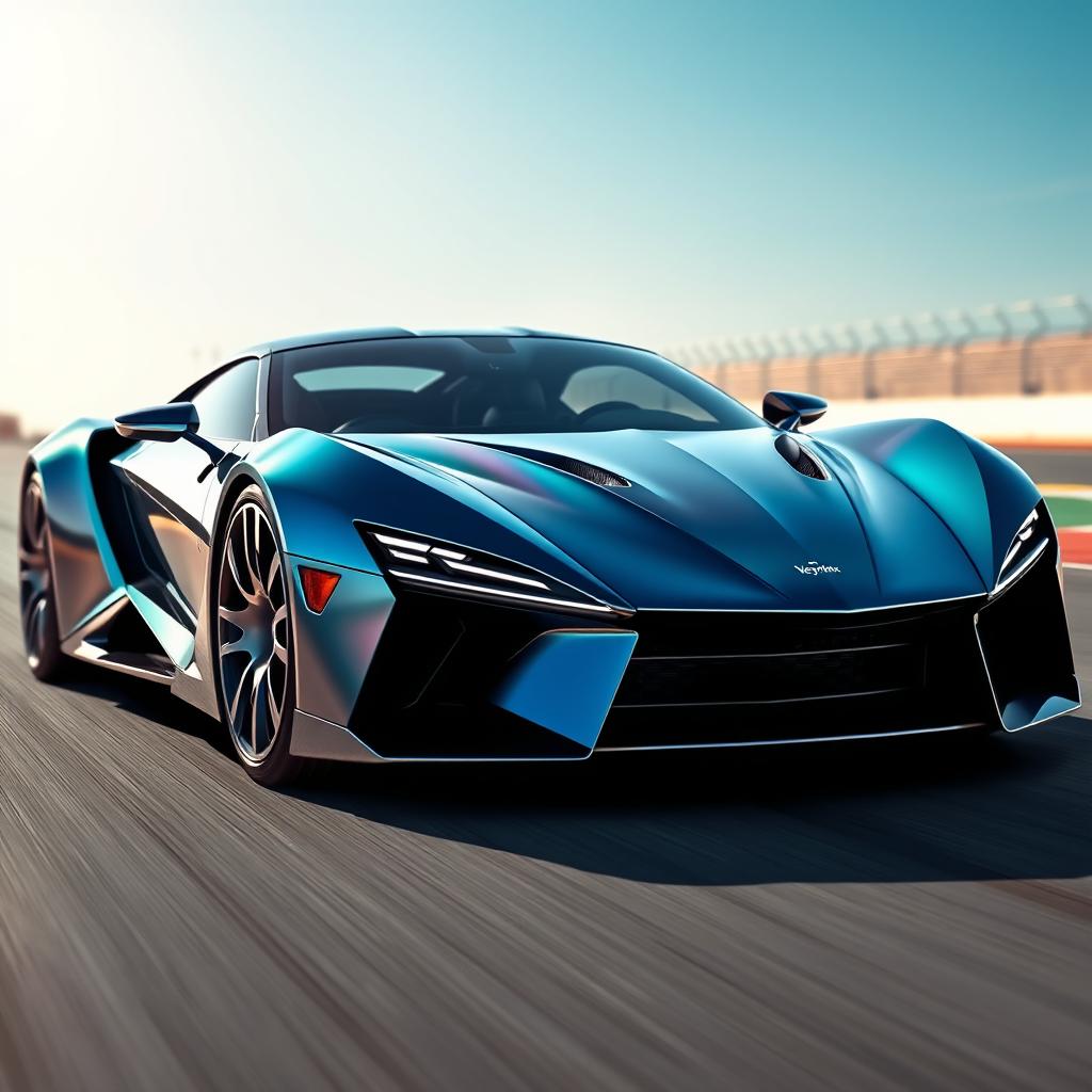 A futuristic, sleek, and high-performance sports car with the unique and bold brand name "Veyronix" prominently displayed on its sleek chassis