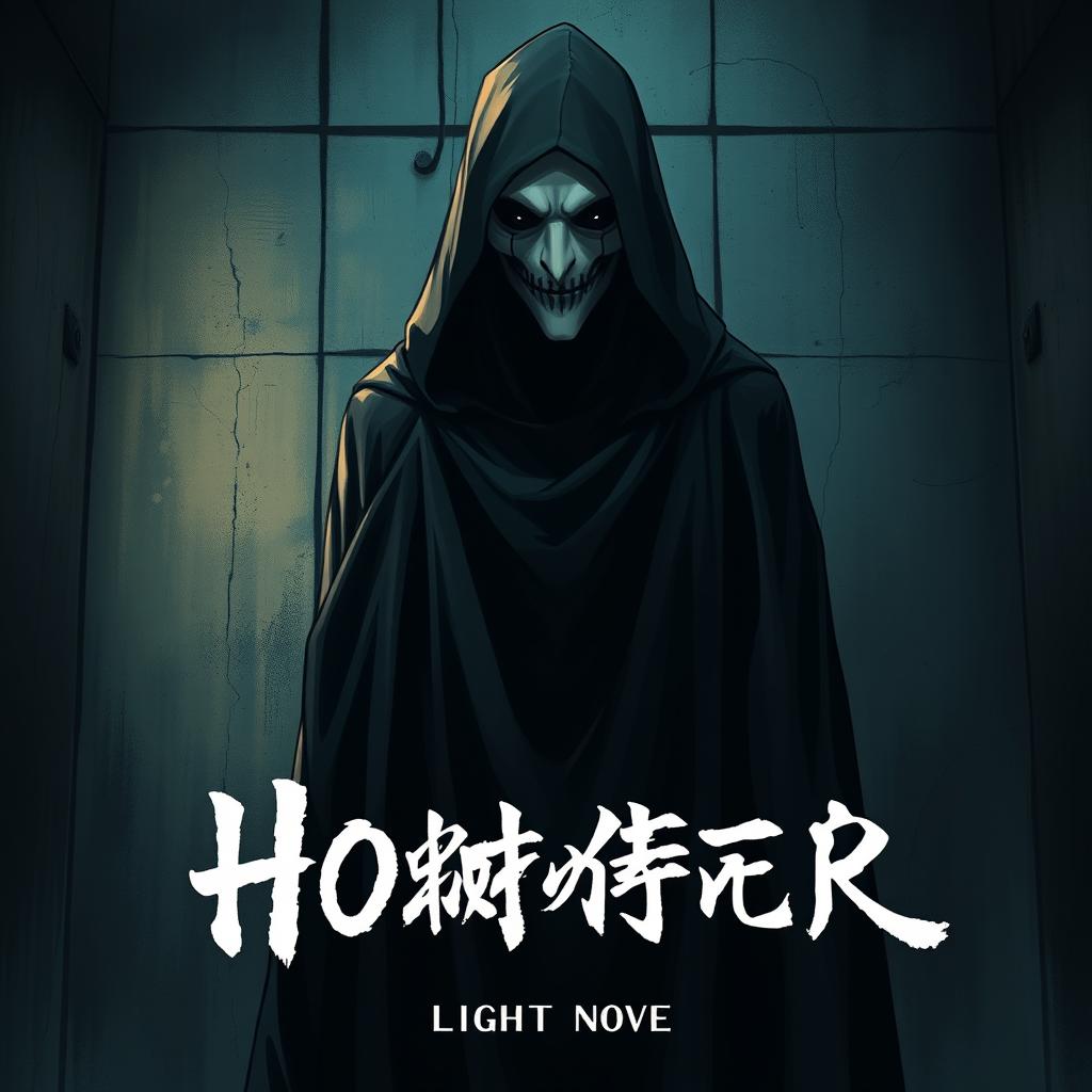A 2D horror light novel cover featuring a tall, ominous figure clad in a flowing black hooded cloak