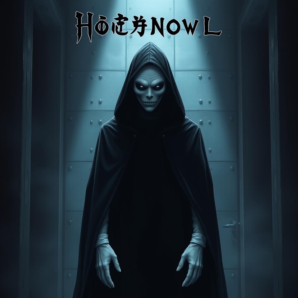 A horror light novel cover featuring a tall, ominous figure dressed in a black hooded cloak, standing in a dark, steel room