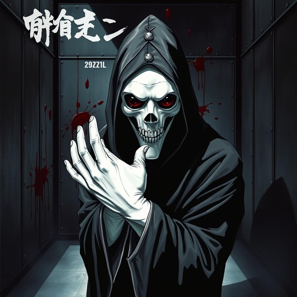 A gory horror light novel cover featuring a tall, ominous figure cloaked in a black hooded robe, set against the backdrop of a dark steel room