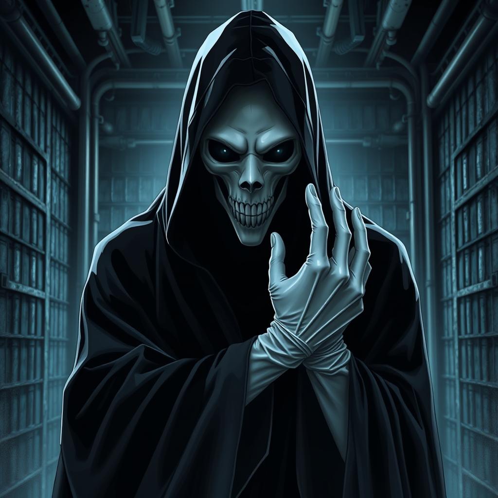 A gory horror light novel cover featuring a tall, ominous figure cloaked in a flowing black hooded robe