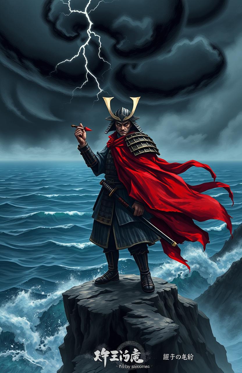 A lone samurai standing on a cliff overlooking a vast, stormy sea, dressed in traditional armor with a tattered red cape flapping in the wind
