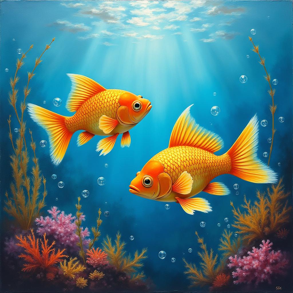 An enchanting oil painting depicting two lovely golden fish swimming gracefully among vibrant aquatic plants in a clear blue underwater scene