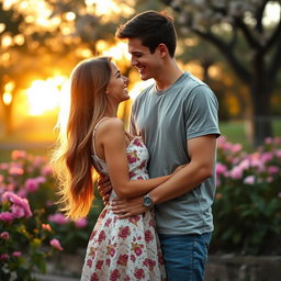 A romantic scene featuring a girlfriend and boyfriend, sharing a warm embrace in a park during sunset