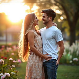 A romantic scene featuring a girlfriend and boyfriend, sharing a warm embrace in a park during sunset