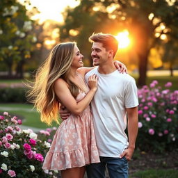 A romantic scene featuring a girlfriend and boyfriend, sharing a warm embrace in a park during sunset