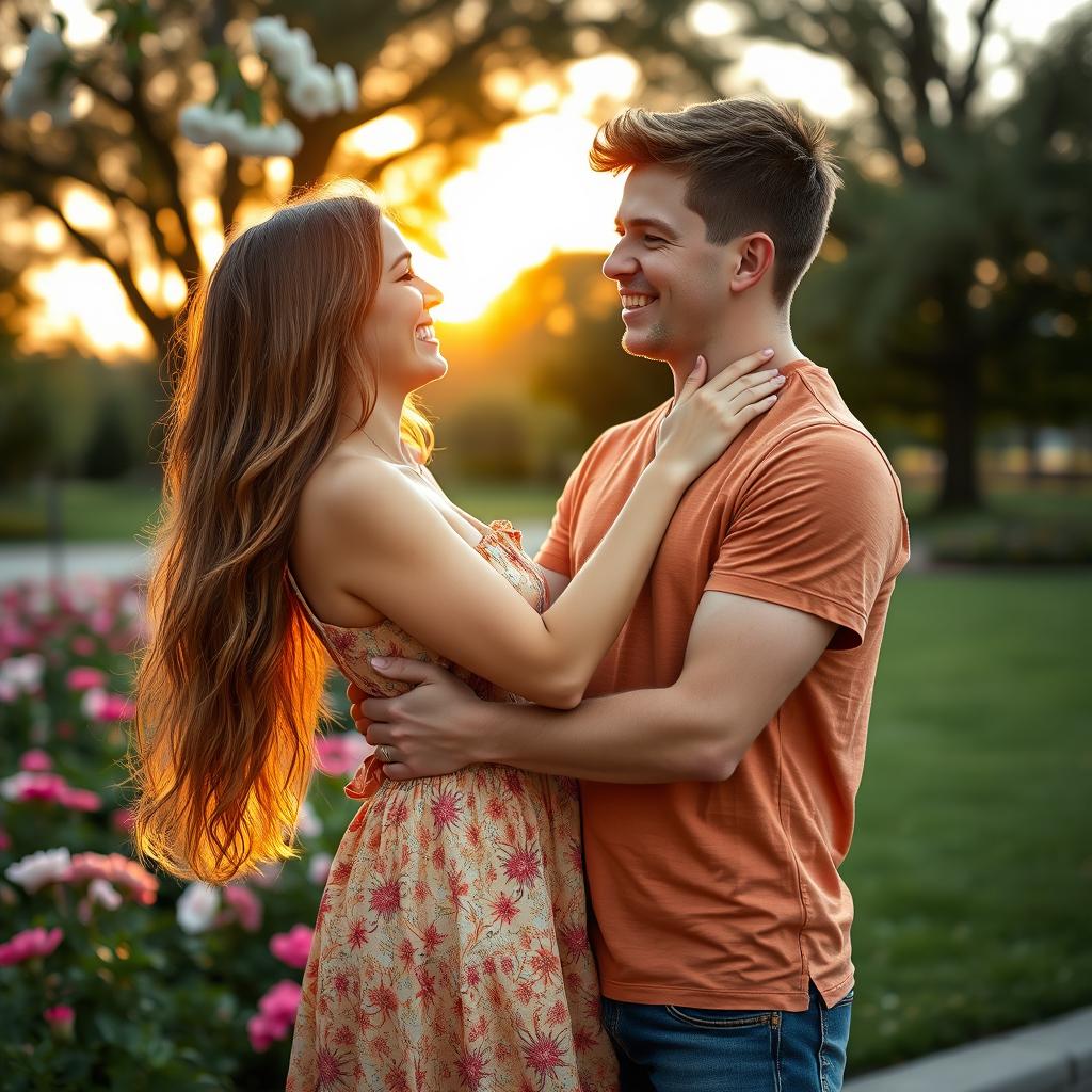 A romantic scene featuring a girlfriend and boyfriend, sharing a warm embrace in a park during sunset