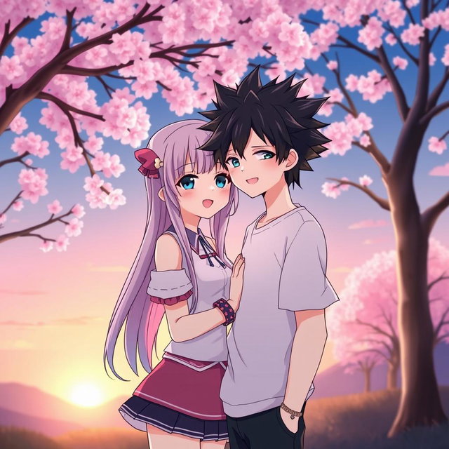Two anime characters, a girlfriend and boyfriend, standing close together in a romantic pose