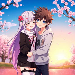 Two anime characters, a girlfriend and boyfriend, standing close together in a romantic pose