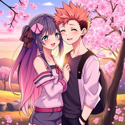 Two anime characters, a girlfriend and boyfriend, standing close together in a romantic pose