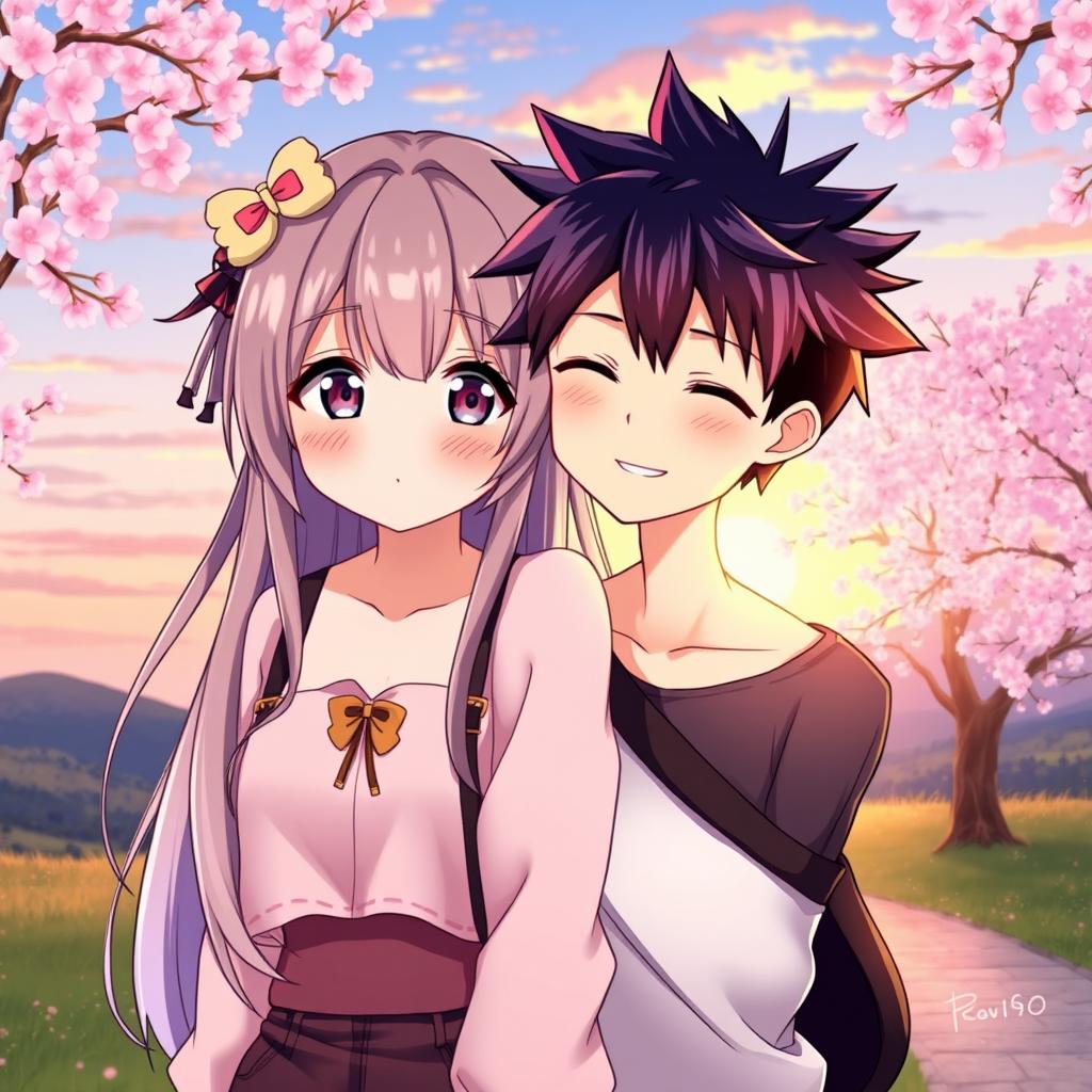Two anime characters, a girlfriend and boyfriend, standing close together in a romantic pose