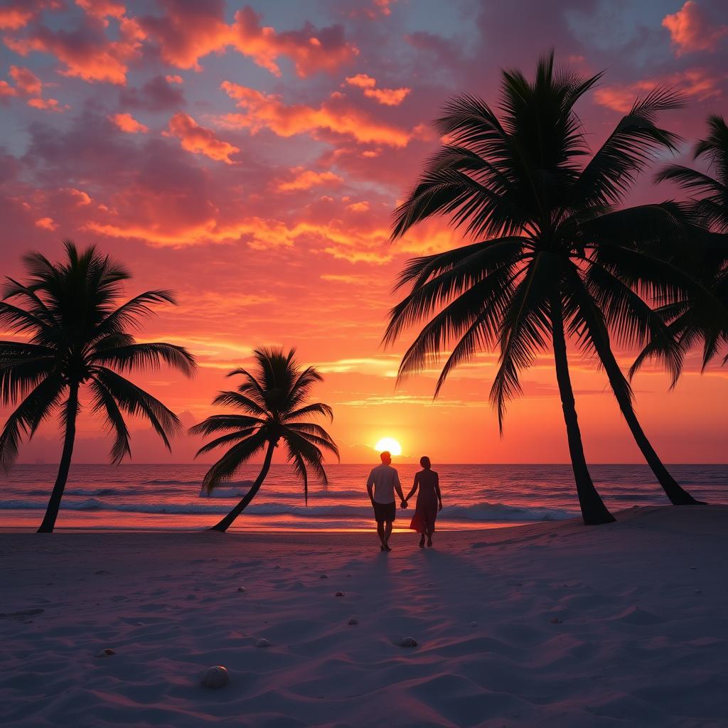 A reimagined version of the original image showcasing a vivid sunset over a tranquil beach