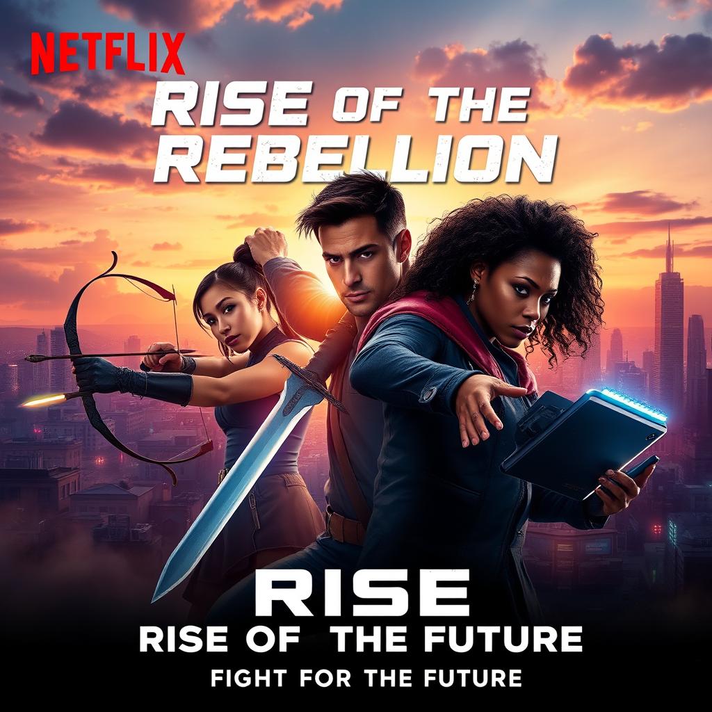 A vibrant and eye-catching Netflix movie poster featuring a group of diverse characters in an action-packed scene