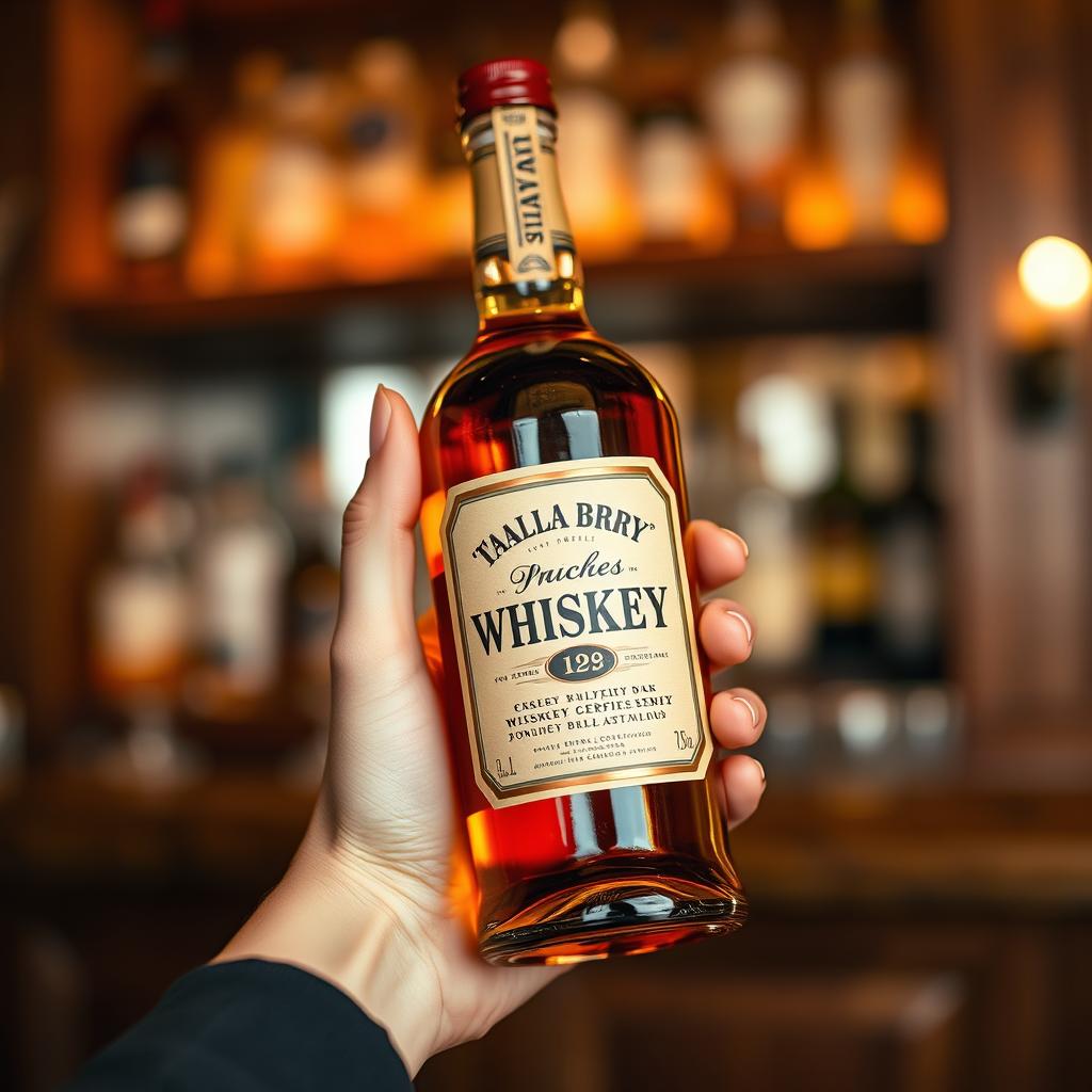 A close-up of a hand holding a whiskey bottle