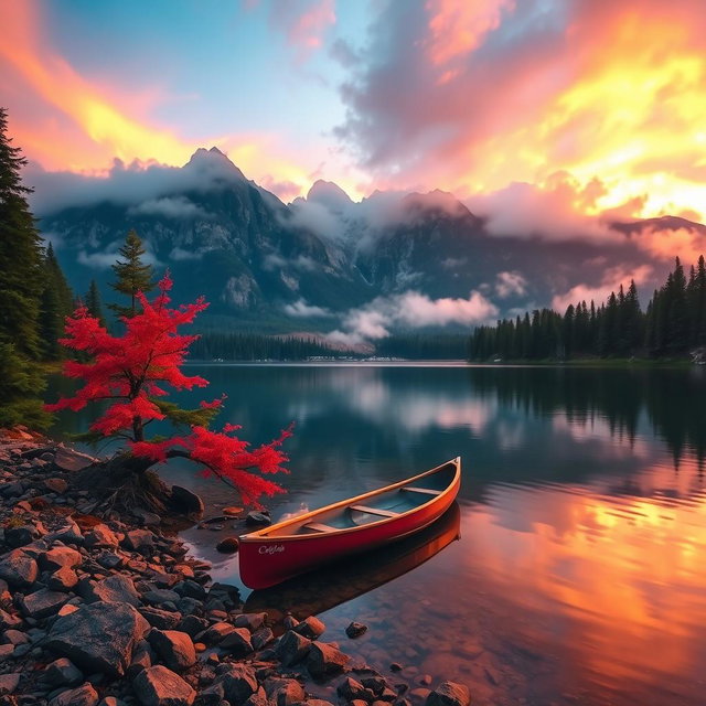 A serene mountain lake at sunset, surrounded by lush evergreen trees and a striking red-leafed tree on the rocky shore