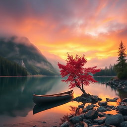 A serene mountain lake at sunset, surrounded by lush evergreen trees and a striking red-leafed tree on the rocky shore