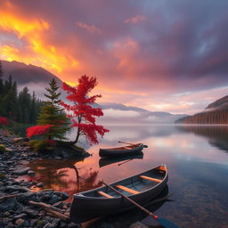 A serene mountain lake at sunset, surrounded by lush evergreen trees and a striking red-leafed tree on the rocky shore